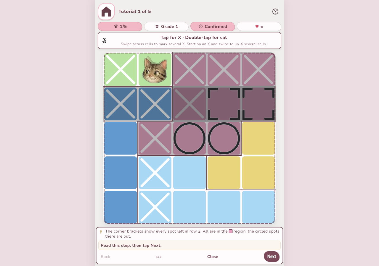 Miaudoku tutorial with the exclusion marks added during our trial and the next reasoning explanation