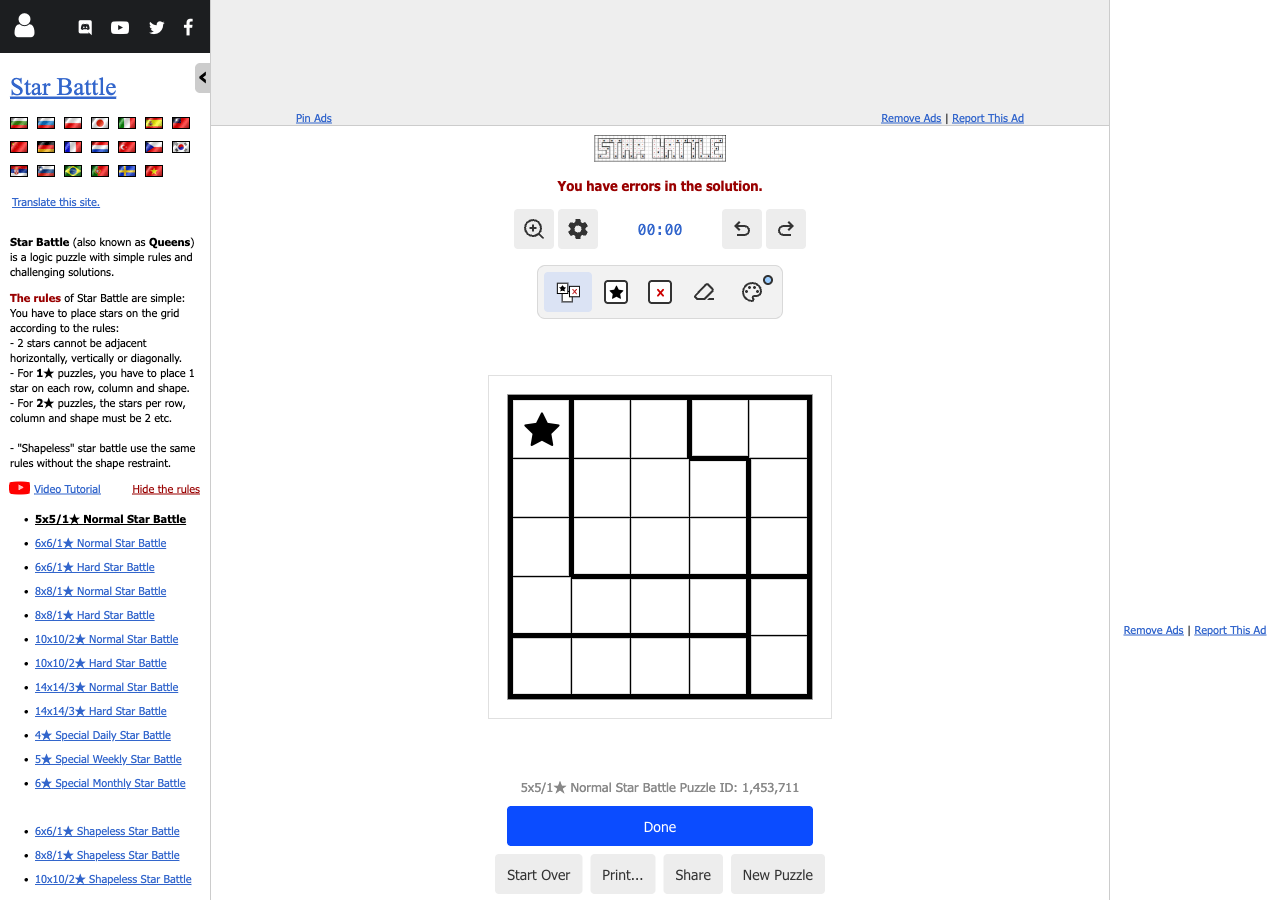 Star Battle one-star puzzle showing an error after an incomplete board was checked